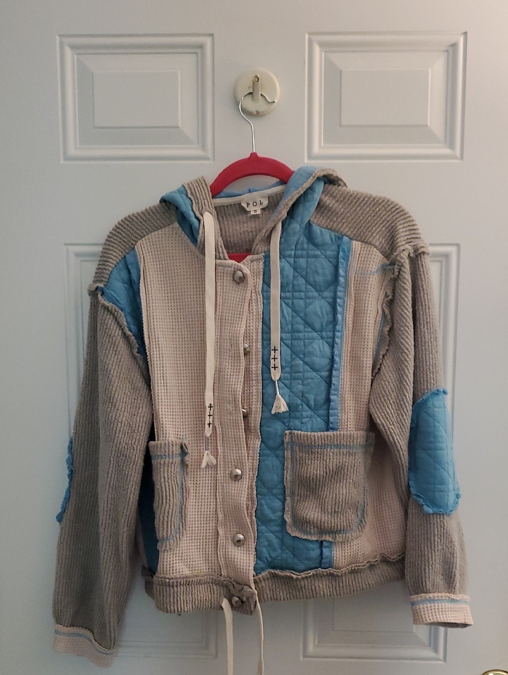 POL Quilted Hoodie Jacket in Light Blue and Beige